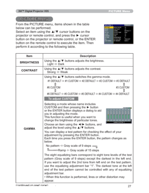 Page 27
27
PICTURE Menu
3,&785(0HQX
)URPWKH3,&785(PHQXLWHPVVKRZQLQWKHWDEOH
EHORZFDQEHSHUIRUPHG
6HOHFWDQLWHPXVLQJWKHxzFXUVRUEXWWRQVRQWKH
SURMHFWRURUUHPRWHFRQWURODQGSUHVVWKHyFXUVRU
EXWWRQRQWKHSURMHFWRURUUHPRWHFRQWURORUWKH(17(5
EXWWRQRQWKHUHPRWHFRQWUROWRH[HFXWHWKHLWHP7KHQ
SHUIRUPLWDFFRUGLQJWRWKHIROORZLQJWDEOH
Item Description
BRIGHTNESS 8VLQJWKHxzEXWWRQVDGMXVWVWKHEULJKWQHVV
/LJKW ÙDUN
CONTRAST...