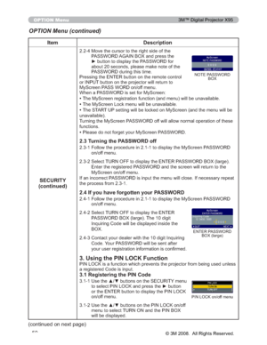 Page 50
50
OPTION Menu
Item Description
SECURITY
(continued)
 0RYHWKHFXUVRUWRWKHULJKWVLGHRIWKH
3$66:25$*$,1%2;DQGSUHVVWKH
yEXWWRQWRGLVSOD\WKH3$66:25IRU
DERXWVHFRQGVSOHDVHPDNHQRWHRIWKH
3$66:25GXULQJWKLVWLPH
3UHVVLQJWKH(17(5EXWWRQRQWKHUHPRWHFRQWURO
RU,1387EXWWRQRQWKHSURMHFWRUZLOOUHWXUQWR
0\6FUHHQ3$66:25RQRIIPHQX
:KHQD3$66:25LVVHWIRU0\6FUHHQ
‡7KH0\6FUHHQUHJLVWUDWLRQIXQFWLRQDQGPHQXZLOOEHXQDYDLODE OH...