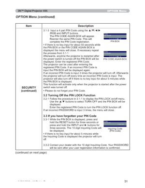 Page 51
51
OPTION Menu
Item Description
SECURITY
(continued)
 ,QSXWDSDUW3,1&RGHXVLQJWKHxz{y
5*%DQG,1387EXWWRQV
7KH3,1&2($*$,1%2;ZLOODSSHDU
5HHQWHUWKHVDPH3,1&RGH7KLVZLOO
FRPSOHWHWKH3,1&RGHUHJLVWUDWLRQ
‡,IWKHUHLVQRNH\LQSXWIRUDERXWVHFRQGVZKLOH
WKH3,1%2;RUWKH3,1&2($*$,1%2;LV
GLVSOD\HGWKHPHQXZLOOFORVH,IQHFHVVDU\UHSHDW
WKHSURFHVVIURP
$IWHUZDUGVDQ\WLPHWKHSURMHFWRULVUHVWDUWHGDIWHU...