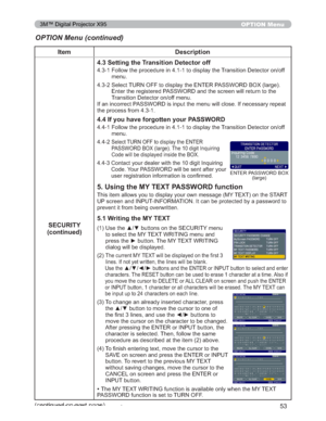 Page 53
53
OPTION Menu
Item Description
SECURITY
(continued) 4.3 Setting the Transition Detector off

)ROORZWKHSURFHGXUHLQWRGLVSOD\WKH7UDQVLWLRQHWHFWR URQRII
PHQX
 6HOHFW78512))WRGLVSOD\WKH(17(53$66:25%2;ODUJH
(QWHUWKHUHJLVWHUHG3$66:25DQGWKHVFUHHQZLOOUHWXUQWRWKH 
7UDQVLWLRQHWHFWRURQRIIPHQX
,IDQLQFRUUHFW3$66:25LVLQSXWWKHPHQXZLOOFORVH,IQHFHV VDU\UHSHDW
WKHSURFHVVIURP
4.4 If you have forgotten your PASSWORD
...