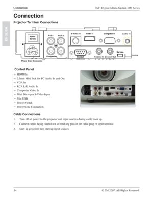 Page 1414
3M™ Digital Media System 700 Series
© 3M 2007. All Rights Reserved.
ENGLISH
Connection
Connection
Projector Terminal  Connections 
Control Panel 
•  HDMI/In  
•  3.5mm Mini Jack for PC Audio In and Out
•  VGA In
•  RCA L/R Audio In
•  Composite Video In   
•  Mini Din 4-pin S-Video Input
•  Min USB
•  Power Switch
•  Power Cord Connection
Cable Connections
1. Turn off all power to the projector and input sources during cable hook up.
2. Connect cables being careful not to bend any pins in the cable...