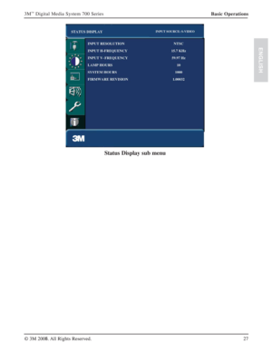 Page 2727 3M
™ Digital Media System 700 Series
© 3M 2007. All Rights Reserved.
ENGLISH
Basic Operations
Status Display sub menu
27 © 3M 2006. All Rights Reserved.
ENGLISH 