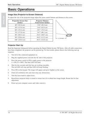 Page 1818
3M™ Digital Media System 700 Series
© 3M 2007. All Rights Reserved.
ENGLISH
Basic Operations
Basic Operations
Image Size (Projector-to-Screen Distance)
To adjust the size of the projected image adjust the zoom control buttons and distance to the screen.
Projection Screen Size 
(inches)Projector Distance 
From Screen (inches)
  
40" (101.6 cm) 19.8" (50.3 cm)
50" (127.0 cm) 24.8" (62.9 cm)
60" (152.4 cm) 29.7" (75.5 cm)
70" (177.8 cm) 34.7" (88.1 cm)
80" (203.2 cm)...