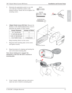 Page 1313 3M
™ Digital Media System 800 Series
© 3M 2007. All Rights Reserved.
ENGLISH
Installation and System Setup
5. Determine the appropriate anchor to use with 
your wall type. Install five anchors at the 
marked locations. Install, but do not tighten, five 
mounting screws.Masonry
Hollow Wall
Solid Wall/ Wall Stud
     
6. (Digital Media System 810 Only) Measure the 
thickness of the whiteboard/projection screen to 
determine the number of shims needed. 
Screen Thickness Number of Shims
0–1" (0–25 mm)...