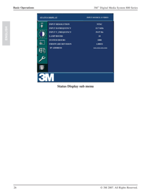 Page 2626
3M™ Digital Media System 800 Series
© 3M 2007. All Rights Reserved.
ENGLISH
Basic Operations
Status Display sub menu 