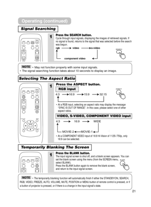 Page 2121
Signal Searching
Selecting The Aspect Ratio
1Press the SEARCH button.Cycle through input signals, displaying the images of retrieved signals.\
 If
no signal is found, returns to the signal that was selected before the s\
earch
was begun.
• May not function properly with some input signals.
• The signal searching function takes about 10 seconds to display an image\
.NOTE
• The temporarily blanking function will automatically finish if eith\
er the STANDBY/ON, SEARCH,
RGB, VIDEO, FREEZE, AUTO, VOLUME,...