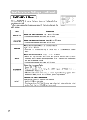 Page 2626
PICTURE - 2 Menu
With the PICTURE - 2 menu, the items shown in the table below
can be performed.
Perform each operation in accordance with the instructions in the
table below.
MENUMAIN
PICTURE-1
PICTURE-2
INPUT
AUTO
SCREEN
OPTION V POSITION
H POSITION
H PHASE
H SIZE
OVER SCAN
RESET
20
142
31
1344
95
: SELECT
ItemDescription
V POSITION Adjust the Vertical Position:
Up ñDown
• This item can be selected only at a RGB input.
H POSITIONAdjust the Horizontal Position: Left ñRight
• This item can be...