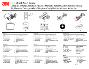 Page 1H10 Quick Start Guide
ENGLISH
1
2.  Remote Control
3.  P ow er Cord
     (US , UK, Euro)
4.  RGB Cab le
  5.  Component  Video Cable
  6.  Case
  7.  
  8.  Quic k Star t Guide
  9.  User’ s Guide CD-ROM
DEUTSCH
1
2.  F ernbedien ung
3.  Netzanschluß kabel
     (US , UK, Euro)
4.  RGB-Kabel
  5.   Kabel  Video K omponenten
  6.  Koffer
  7.   Produkt Sicherheit Handb uch
  8.  Schnelles Anf angs Handbuch
  9.  Bedien ungshandb uch (CD-ROM)
ESPAÑOL
1
2.  Mando a distancia
3.  Cab le eléctr ico
     (US,...