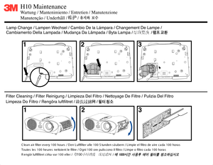 Page 4Filter Cleaning / Filter Reinigung / Limpieza Del Filtro / Nettoyage De \
Filtre / Pulizia Del Filtro
Limpeza Do Filtro / Rengöra luftfiltret /                   /
Cambiamento Della Lampada / Mudança Da Lâmpada / Byta Lampa /     \
           /
Lamp Change / Lampen Wechsel / Cambio De la Lámpara / Changement De Lampe / 
Cle an a ir  filt e r e ve ry  1 00 h ours  / D en L uftfilt e r a lle  1 00 S tu nden s ä ubern  / L im pie  e l  filt r o  d e a ir e  c a da 1 00 h ora s
To ute s le s 1 00 h eure s n...