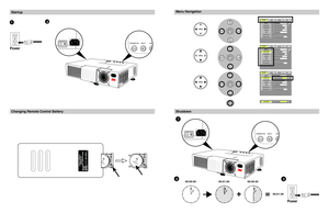 Page 2StartupMenu Navigation
Shutdown1
3
1
2
STANDBY/ON
INPUT
MUT
Power
2
00:01:00
00:00:00 00:00:30
00:01:30
Power
3
STANDBY/ON
INPUT
MUT
Changing Remote Control Battery
A
BRIGHTSETUP
CONTRASTSHARPNESSCOLORTINTCOLOR BAL RCOLOR BAL B
INPUT
IMAGE
OPT.
BRIGHTSETUP
CONTRASTSHARPNESSCOLORTINTCOLOR BAL RCOLOR BAL B
INPUT
IMAGE
OPT.
BRIGHTSETUP
CONTRASTCONTRASTSHARPNESSCOLORTINTCOLOR BAL RCOLOR BAL B
INPUT
IMAGE
OPT.
MENU
SELECTMENU
SELECTMENU
SELECTMENU
SELECT 