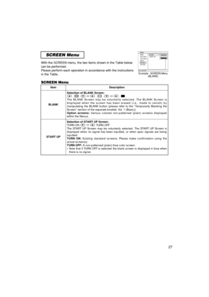 Page 28SCREEN Menu
With the SCREEN menu, the two items shown in the Table below
can be performed.
Please perform each operation in accordance with the instructions
in the Table.
27
SCREEN Menu
ItemDescription
BLANK
Selection of BLANK Screen:
..  ñ. .  ñ..
The BLANK Screen may be voluntarily selected. The BLANK Screen is
displayed when the screen has been erased (i.e., made to vanish) by
manipulating the BLANK button (please refer to the “Temporarily Blan\
king the
Screen” section of the separate booklet, Vol....
