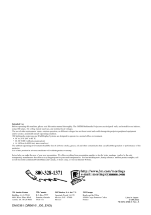 Page 403M Austin Center
Building A145-5N-01
6801 River Place Blvd.
Austin, TX 78726-90003M Canada
P.O. Box 5757
London, Ontario
N6A 4T13M Mexico, S.A. de C.V.
Apartado Postal 14-139
Mexico, D.F.  07000
Mexico 3M Europe
Boulevard de lOise
95006 Cerge Pontoise Cedex
France
Litho in Japan
© 3M 2002
78-6970-9166-4 Rev. A
Let us help you make the most of your next presentation.  We offer every\
thing from presentation supplies to tips for better mee tings.  And were the only
transparency manufacturer that offers a...