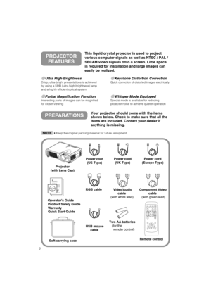 Page 22
Ultra High BrightnessCrisp, ultra-bright presentations is achieved
by using a UHB (ultra high brightness) lamp
and a highly efficient optical system
Partial Magnification FunctionInteresting parts of images can be magnified
for closer viewing 
Keystone Distortion CorrectionQuick correction of distorted images electrically
Whisper Mode EquippedSpecial mode is available for reducing
projector noise to achieve quieter operation
PREPARATIONSYour projector should come with the items
shown below. Check...