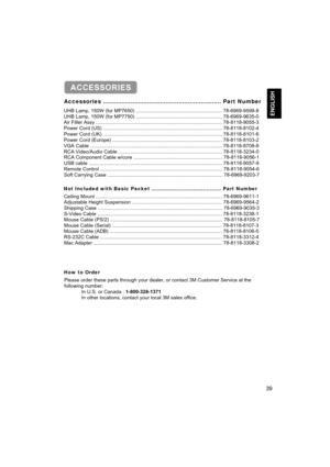 Page 39ENGLISH
Accessories ............................................................\
.... Part Number
39
ACCESSORIES
UHB Lamp, 150W (for MP7650) ..........................................\
.................... 78-6969-9599-8
UHB Lamp, 150W (for MP77
 50) .............................................................. 78-6\
969-9635-0
Air Filter Assy .......................................................................\
.................... 
78-8118-9055-3

Power Cord (US)...