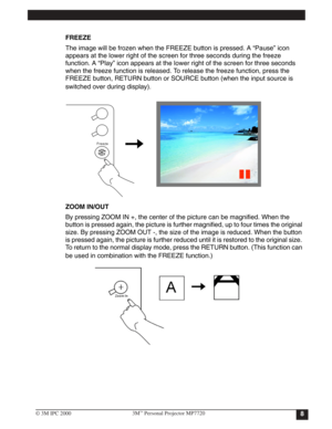 Page 11
FREEZE
The image will be frozen when the FREEZE button is pressed. A “Pause” icon 
appears at the lower right of the screen for three seconds during the freeze 
function. A “Play” icon appears at the lower right of the screen for three seconds 
when the freeze function is released. To release the freeze function, press the 
FREEZE button, RETURN button or SOURCE button (when the input source is 
switched over during display).
ZOOM IN/OUT
By pressing ZOOM IN +, the center of the picture can be magnified....