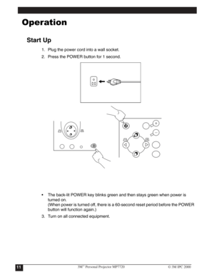 Page 14


Start Up
1. Plug the power cord into a wall socket.
2. Press the POWER button for 1 second.
 The back-lit POWER key blinks green and then stays green when power is 
turned on.
(When power is turned off, there is a 60-second reset period before the POWER 
button will function again.)
3. Turn on all connected equipment.
3M™Personal Projector MP772011© 3M IPC 2000 