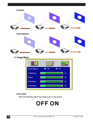 Page 18
Contrast
Color Balance
2. Image Menu
Auto resize
Will automatically adjust the image to fit on the screen.
3M™Personal Projector MP772015© 3M IPC 2000 