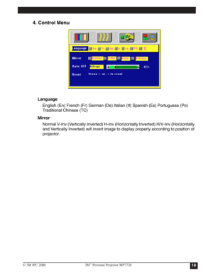 Page 21
4. Control Menu
Language
English (En) French (Fr) German (De) Italian (It) Spanish (Es) Portuguese (Po) 
Traditional Chinese (TC)
Mirror
Normal V-Inv (Vertically Inverted) H-Inv (Horizontally Inverted) H/V-Inv (Horizontally 
and Vertically Inverted) will invert image to display properly according to position of 
projector.
183M™Personal Projector MP7720
© 3M IPC 2000
Table of Contents 