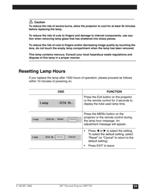 Page 27Optional Video  ModuleCaution
To reduce the risk of severe burns, allow the projector to cool for at least 45 minutes 
before replacing the lamp.
To reduce the risk of cuts to fingers and damage to internal components, use cau-
tion when removing lamp glass that has shattered into sharp pieces.
To reduce the risk of cuts to fingers and/or decreasing image quality by touching the 
lens, do not touch the empty lamp compartment when the lamp has been removed.
This lamp contains mercury. Consult your local...