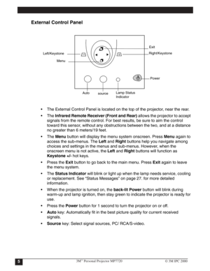 Page 8
External Control Panel 
 The External Control Panel is located on the top of the projector, near the rear.
The Infrared Remote Receiver (Front and Rear) allows the projector to accept 
signals from the remote control. For best results, be sure to aim the control 
toward this sensor, without any obstructions between the two, and at a distance 
no greater than 6 meters/19 feet.
The Menu button will display the menu system onscreen. Press Menuagain to 
access the sub-menus. The Left and Right buttons...