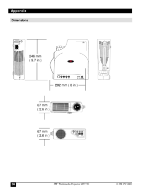Page 363M™ Multimedia Projector MP773036© 3M IPC 2000
Dimensions
202 mm ( 8 in )
67 mm
( 2.6 in )
246 mm
( 9.7 in )
MENU
EXITSTANDBY/ON
MP7630
DLPA TEXAS INSTRUMENTS PRODUCT
Lock
Appendix
67 mm
( 2.6 in ) 