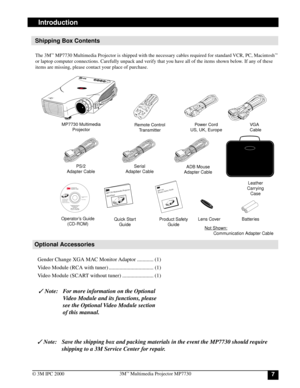 Page 773M™ Multimedia Projector MP7730
© 3M IPC 2000
 Note: Save the shipping box and packing materials in the event the MP7730 should require
shipping to a 3M Service Center for repair. Shipping Box Contents
The 3M™ MP7730 Multimedia Projector is shipped with the necessary cables required for standard VCR, PC, Macintosh™
or laptop computer connections. Carefully unpack and verify that you have all of the items shown below. If any of these
items are missing, please contact your place of purchase.
Optional...
