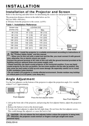 Page 6ENGLISH-6
INSTALLATION
INSTALLATION
Installation of the Projector and Screen
Refer to the drawing and table below for determining the screen size and\
 projection distance.
Top View
Side View
Screen size [inches (m)]a [inches (m)]
Min.Max.
40  (1.0)47  (1.2)55  (1.4)
60  (1.5)71  (1.8)87  (2.2)
80  (2.0)95  (2.4)114  (2.9)
100  (2.5)118  (3.0)142  (3.6)
120  (3.0)142  (3.6)173  (4.4)
150  (3.8)177  (4.5)213  (5.4)
200  (5.0)240  (6.1)288  (7.3)
Angle Adjustment
Use the foot adjusters on the bottom of the...