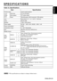 Page 23ENGLISH-23
ENGLISH
ENGLISH-23
SPECIFICATIONS
SPECIFICATIONS
Table 12. Specifications
•
This specifications are subject to change without notice.NOTE
ItemSpecification
Product nameLiquid crystal projector
Liquid
crystal
panelPanel size2.3 cm (0.9 type)
Drive systemTFT active matrix
Pixels786,432 pixels (1024 horizontal x 768 vertical)
LensZoom lens F=1.7 ~ 2.1  f=27.3 ~ 32.8 mm
Lamp200 W UHB
Speaker1.0W+1.0W (stereo)
Power supplyAC100 ~ 120V, 3.3A / AC220 ~ 240V, 1.4A
Power consumption310W
Temperature...