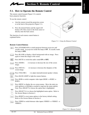 Page 19ENGLISH
Figure 5-2. Remote Control
17  3M 19973M Multimedia Projector MP8660
Section 5: Remote Control
5-1. How to Operate the Remote Control
The remote control keypad (Figure 5-2) controls
basic projector functions.
To use the remote control:
a. Aim the remote toward the projection screen
or at the back of the projector (Figure 5-1).
b. Press the desired button and the signal will
bounce off of the screen to the front sensor or
directly enter the back sensor.
The function of each remote control button...