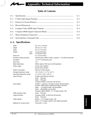 Page 28TECHNICAL
A±1  3M 19973M Multimedia Projector MP8660
Appendix: Technical Information
Table of Contents
A±1. Specifications A±1. . . . . . . . . . . . . . . . . . . . . . . . . . . . . . . . . . . . . . . . . . . . . . . . . . . . . 
A±2. S-Video Input Signal Terminal A±2. . . . . . . . . . . . . . . . . . . . . . . . . . . . . . . . . . . . . . . 
A±3. Projector-to-Screen Distances A±2. . . . . . . . . . . . . . . . . . . . . . . . . . . . . . . . . . . . . . . . 
A±4. Physical Dimensions A±3. . . . ....