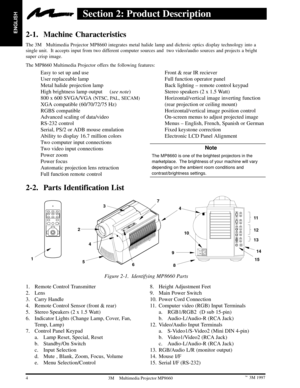Page 6ENGLISH
4 3M 19973M Multimedia Projector MP8660
Section 2: Product Description
2-1. Machine Characteristics
The 3MMultimedia Projector MP8660 integrates metal halide lamp and dichroic optics display technology into a
single unit.  It accepts input from two different computer sources and  two video/audio sources and projects a bright
super crisp image.
The MP8660 Multimedia Projector offers the following features:
Easy to set up and use
User replaceable lamp
Metal halide projection lamp
High brightness...