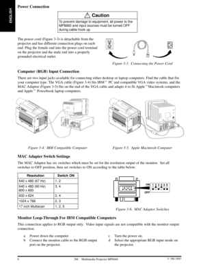 Page 8ENGLISH
6 3M 19973M Multimedia Projector MP8660
Power Connection
!Caution
To prevent damage to equipment, all power to the
MP8660 and input sources must be turned OFF
during cable hook up.
The power cord (Figure 3-3) is detachable from the
projector and has different connection plugs on each
end. Plug the female end into the power cord terminal
on the projector and the male end into a properly
grounded electrical outlet.
Figure 3-3. Connecting the Power Cord
Computer (RGB) Input Connection
There are two...