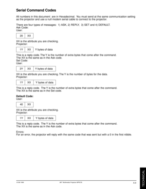 Page 29© 3M 1999 3Mª Multimedia Projector MP8725
TECHNICAL
Serial Command Codes
All numbers in this document  are in Hexadecimal.  You must send at the same communication setting
as the projector and use a null modem serial cable to connect to the projector.
There are four types of messages:  1) ASK, 2) REPLY,  3) SET and 4) DEFAULT.
Ask Code:
User:
20 XX
XX is the attribute you are checking.
Projector:
1Y XX Y bytes of data
This is a reply code. The Y is the number of extra bytes that come after the command....