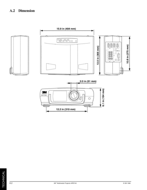Page 233Mª Multimedia Projector MP8740© 3M 1999
TECHNICAL
A.2    Dimension
A.2 
