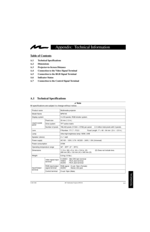 Page 27© 3M 1999  3M
TECHNICAL
Product name
Model Name
Display system
Panel size
Drive system
Number of pixels
Lens
Lamp
Speaker (stereo)
Power supply
Power consumption
Operating temperature range
Dimensions
Weight
video signal input
RGB input/output
Control terminal
Appendix:  Technical Information
Table of Contents
4  Note
All specifications are subject to change without notice.
8745 OG Appendix   8/26/99, 3:56 PM
1 