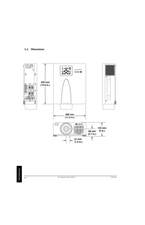 Page 283M
TECHNICAL
345 mm
124 mm
68 mm
EPS-133A
OI
12AUDIO
OUT
AUDIO IN
12
RGB IN
VIDEO INS-VIDEO IN
MONORAUDIO IN MD05551MD05401
CONTROL RGB OUT
USB
MOUSE
R
+ZOOMMUTEINPUT
STANDBY ONRESETPOWER LAMP TEMP
MENU
+FOCUS
MP8745
PORTABLE PROJECTOR
MP8745
A.2    Dimensions
8745 OG Appendix   8/26/99, 3:56 PM
2 