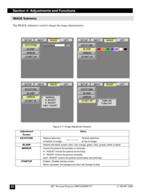 Page 223M™ Personal Projector MP8746/MP874722© 3M IPC 2000
IMAGE Submenu
The IMAGE submenu is used to change the image characteristics.
Figure 4.11 Image Adjustment Screens
Adjustment                                                         Value
Screen
KEYSTONE
Reduce distortion Reduce distortion
at bottom of image. at top of image.
BLANKSelects the blank screen color: red, orange, green, blue, purple, white or black.
MIRRORInverts the picture horizontally or vertically.
H:  INVERT Inverts the picture...