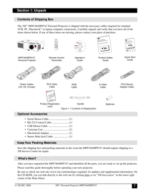 Page 773M™ Personal Projector MP8746/MP8747
© 3M IPC 2000
Contents of Shipping Box
The 3M™ MP8746/MP8747 Personal Projector is shipped with the necessary cables required for standard
VCR, PC, Macintosh™ or laptop computer connections. Carefully unpack and verify that you have all of the
items shown below. If any of these items are missing, please contact your place of purchase.
Optional Accessories
• Serial Mouse Cable ............................. (1)
• RS-232 Control Cable ........................ (1)
• USB...