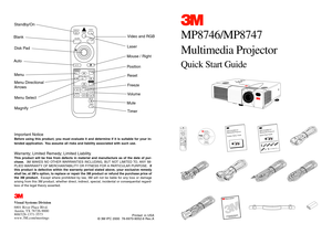 Page 1STANDBY/ON
VIDEO
LASER
BLANKRGB
AUTO
MENU
RESETPOSITION
MENU SELECTFREEZE
OFF
VOLUME
MAGNIFYMUTE
TIMER
MP8746/MP8747
Multimedia ProjectorQuick Start Guide
Visual Systems Division
6801 River Place Blvd.
Austin, TX 78726-9000
800/328-1371-3573
www.3M.com/meetings
Printed  in USA
© 3M IPC 2000  78-6970-9052-6 Rev.A
Important NoticeBefore using this product, you must evaluate it and determine if it is suitable for your in-
tended application.  You assume all risks and liability associated with such...