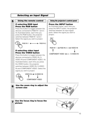 Page 16RGB
15
6Use the zoom ring to adjust the
screen size
7Use the focus ring to focus the
picture
5
If selecting RGB input
Press the RGB button
Press this button to toggle between the
devices connected to RGB IN 1 and 2.
As illustrated below, each time you
press the RGB button, the projector
switches between RGB IN 1 and 2.
Select the signal you wish to project.
If selecting video input
Press the VIDEO button
Press this button to toggle between the
devices connected to VIDEO IN, S-
VIDEO IN and COMPONENT...