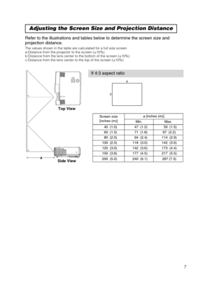 Page 87
Refer to the illustrations and tables below to determine the screen size\
 and
projection distance.
Adjusting the Screen Size and Projection Distance
If 4:3 aspect ratio
4
3
The values shown in the table are calculated for a full size screen
a:Distance from the projector to the screen (±10%)
b:Distance from the lens center to the bottom of the screen (±10%)
c:Distance from the lens center to the top of the screen (±10%)
Top View
Side View
a
Screen size [inches (m)]a[inches (m)]
Min.Max.
40  (1.0)47...