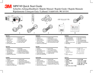 Page 1MP8749 Quick Start Guide
MP8749
Product Safety Guide
9
ENGLISH
1.  Projector
2.  Remote Control
3.  Power Cord
     (US, UK, Euro)
4.  Handle Strap
5.  RCA Video/Audio Cable
  6.  VGA Cable
  7.  PS/2 Mouse Cable
  8.  RCA Component Cable
  9.  Product Safety Guide
10.  Quick Start Guide
DEUTSCH
1.  Projektor
2.  Fernbedienung
3.  Netzanschluß kabel
     (US, UK, Euro)
4.  Handgriffßügel
5.  Kabel RCA Video/Audio
  6.  VGA-Kabel
  7.  PS/2 Kabel Der Maus
  8.  Kabel RCA Komponenten
  9.  Produkt...