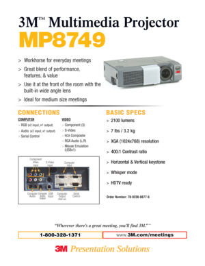 Page 1MP8749
3M
™
Multimedia Projector
CONNECTIONS BASIC SPECS
COMPUTER
>RGB (x2 input, x1 output)
>
Audio(x2 input, x1 output)
>
Serial ControlVIDEO
>Component (3)
>S-Video
>RCA Composite 
>RCA Audio (L,R) 
>Mouse Emulation
(USBx1)
1-800-328-1371
>2100 lumens
>7 lbs / 3.2 kg
>XGA (1024x768) resolution
>400:1 Contrast ratio
>Horizontal & Vertical keystone
>Whisper mode
>HDTV ready
Order Number: 78-9236-6677-6
“Wherever there’s a great meeting, you’ll find 3M.”™
>Workhorse for everyday meetings
>Great blend of...