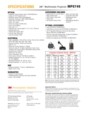 Page 23M Visual Systems Division
Building A145-5N-01
6801 River Place Blvd.
Austin, TX 78726-90003M Canada
P.O. Box 5757
London, Ontario, Canada
N6A 4T1
3M Mexico, S.A. de C.V.
Apartado Postal 14-139
Mexico, D.F. 07070
MexicoLitho in U.S.A. © 3M 2003
78-6970-8512-0
Specifications subject to change without notice.
3M is a trademark of 3M Company.  All other trade names referenced are the service marks,
trademarks, or registered trademarks of their respective companies.
Note:These sizes are +10 percent. This is...