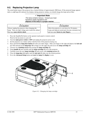 Page 20Ó 3M 19993MÔ Multimedia Projector MP875015
6-2. Replacing Projection Lamp
The metal halide lamp of the projector has a limited lifetime of approximately 2000 hours. If the projected image appears
dark or a red lamp life indicator bar displays during projector startup, you should change the lamp and air filter.ü ü
 Important Note
This lamp contains mercury.  Consult your local
hazardous waste regulations and
dispose of this lamp in a proper manner.
!Caution
Always unplug the projector when changing the...