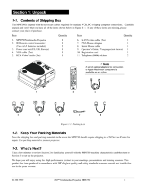 Page 6Ó 3M 19993MÔ Multimedia Projector MP87501
 Section 1: Unpack
1-1. Contents of Shipping Box
The MP8750 is shipped with the necessary cables required for standard VCR, PC or laptop computer connections.   Carefully
unpack and verify that you have all of the items shown below in Figure 1–1.  If any of these items are missing, please
contact your place of purchase.
ItemQuantity
1. MP8750 Multimedia Projector1
2. 
IR Remote control transmitter1
(Two AAA batteries included)2
3. 
Power cord set (US, UK,...