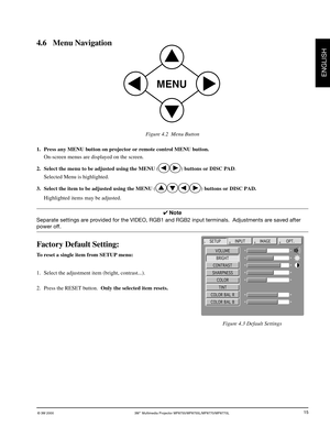 Page 17© 3M 2000 3M™ Multimedia Projector MP8755/MP8755L/MP8770/MP8770L
ENGLISH
15
4.6 Menu Navigation
Figure 4.2  Menu Button
Figure 4.3 Default Settings
MENU
VOLUME
SETUP
BRIGHT
CONTRAST
SHARPNESS
COLOR
TINT
COLOR BAL R
COLOR BAL B
INPUTIMAGEOPT.
1. Press any MENU button on projector or remote control MENU button.
On-screen menus are displayed on the screen.
2. Select the menu to be adjusted using the MENU (
) buttons or DISC PAD.
Selected Menu is highlighted.
3. Select the item to be adjusted using the MENU...