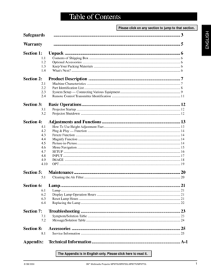 Page 3© 3M 2000 3M™ Multimedia Projector MP8755/MP8755L/MP8770/MP8770L
ENGLISH
1
Table of Contents
Safeguards ................................................................................................................. 3
Warranty ................................................................................................................. 5
Section 1: Unpack ....................................................................................................... 6
1.1 Contents of Shipping Box...