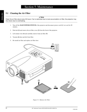 Page 223M™ Multimedia Projector MP8755/MP8755L/MP8770/MP8770L
© 3M 2000
ENGLISH
20
4
5
6
MP8770
+ZOOMM
UTE
IN
PU
T
STANDBY ON
RESET
POWER LAMPTEMPM
ENU+FOCUS
MP8770PORTABLE PROJECTOR
EPS-132A
Power
1
2
3
5.1 Cleaning the Air Filter
✔ Note
Clean the air filter about every 50 hours. If air is restricted due to dust accumulation on filter, the projector may
shut down due to overheating.
1. Turn off the MAIN POWER SWITCH of the projector and disconnect power cord (1). Let cool for 20
minutes.
2. Push tab (2) and...