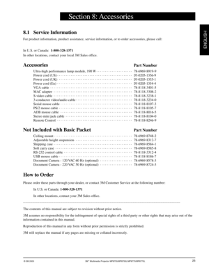 Page 27© 3M 2000 3M™ Multimedia Projector MP8755/MP8755L/MP8770/MP8770L
ENGLISH
25
Section 8: Accessories
8.1 Service Information
For product information, product assistance, service information, or to order accessories, please call:
In U.S. or Canada:  1-800-328-1371
In other locations, contact your local 3M Sales office.
AccessoriesPart Number
Ultra-high performance lamp module, 190 W. . . . . . . . . . . . . . . . . . . . . 
78-6969-8919-9
Power cord (US). . . . . . . . . . . . . . . . . . . . . . . . . . ....